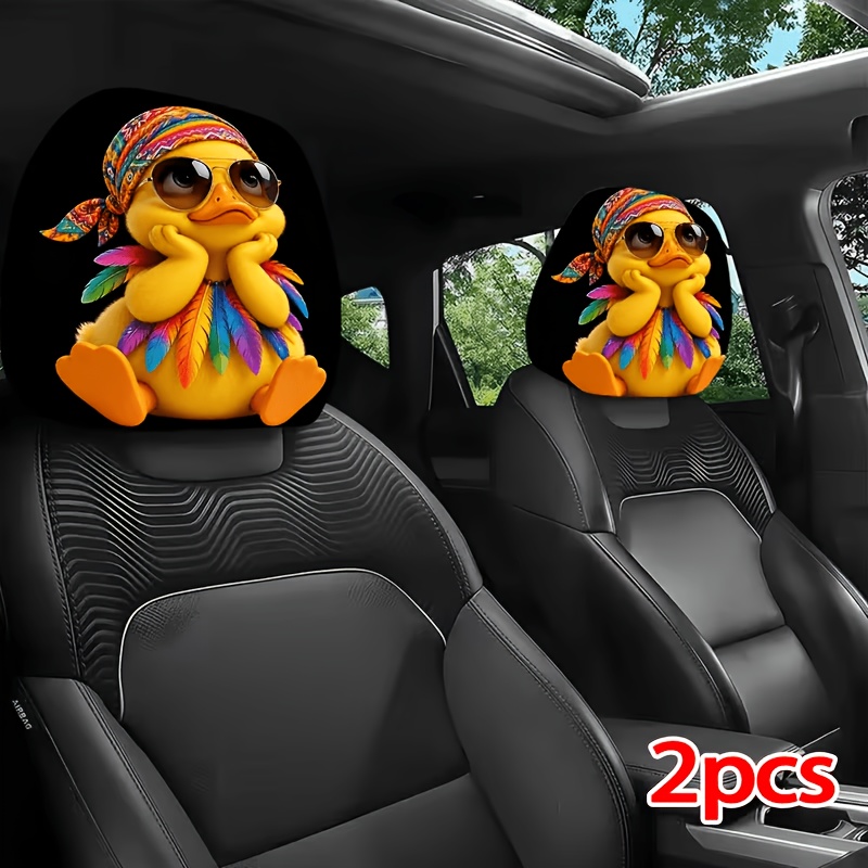 TEMU 2pcs Colorful Feather Cute Cartoon Duck Pattern Car Headrest Covers, Fashionable And Fun Interior Decoration, , Universal Fit, Suitable For