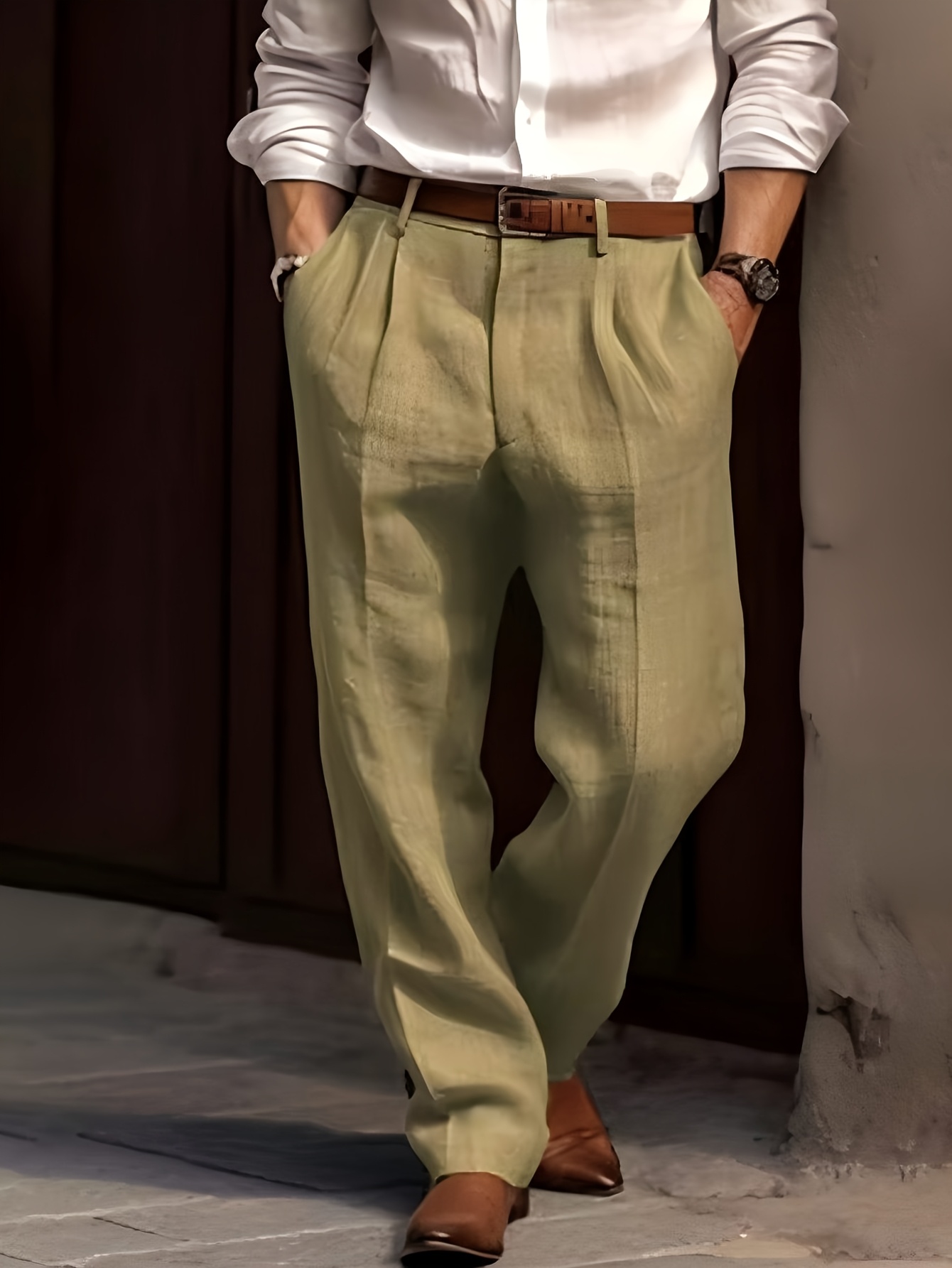 Old Money Outfits Rayon Linen Trousers for Men, Loose Straight Cut Commuter Business Casual Long Pants, Spring Summer Thin Double Pleat Front Pocket Dress Trousers, Casual