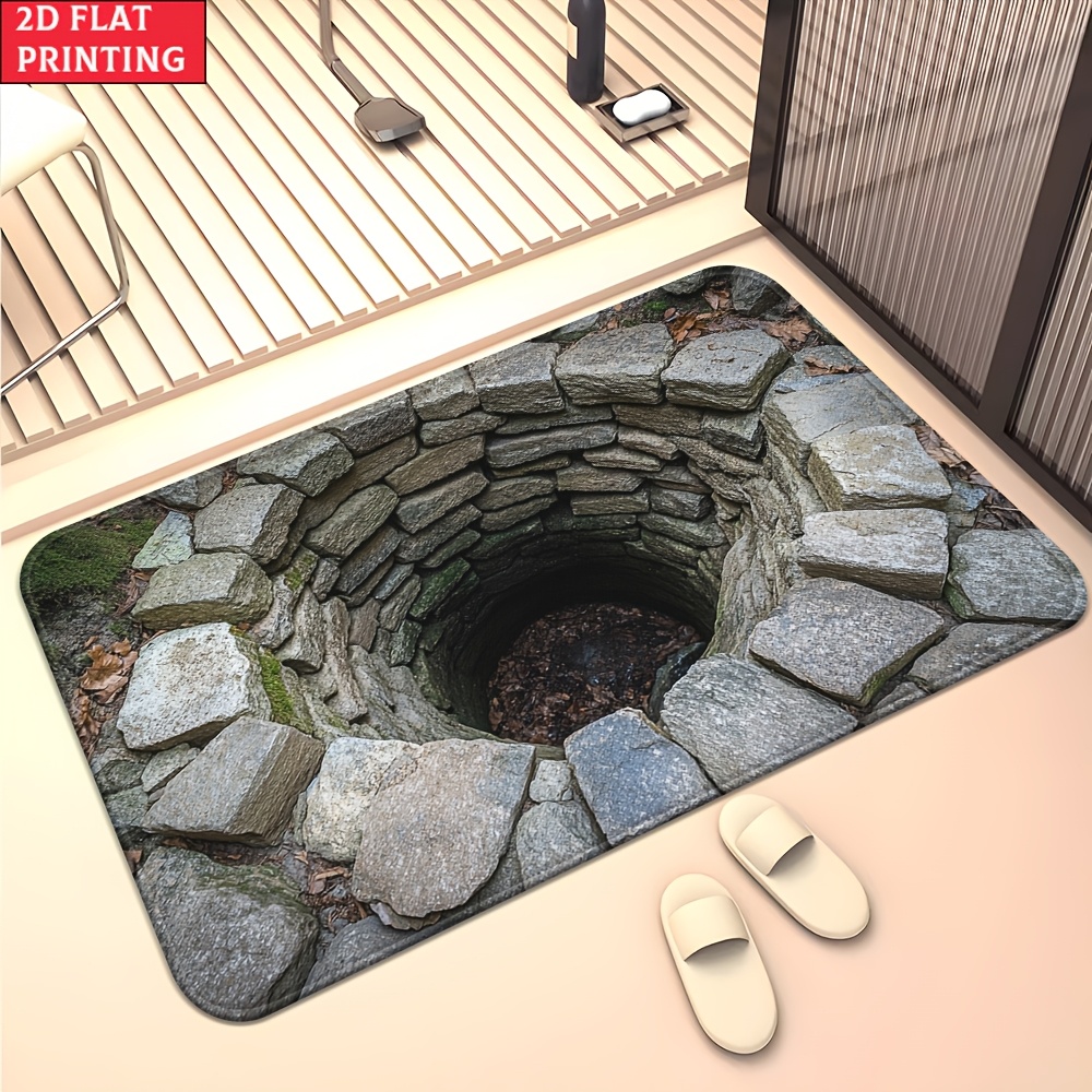 TEMU 1pc Visual Illusion Effect Stone Wall Printed Hd Door Mat, Non-slip Bathroom Floor Mats, Microfiber Absorbent Machine Washable Polyester Rug For