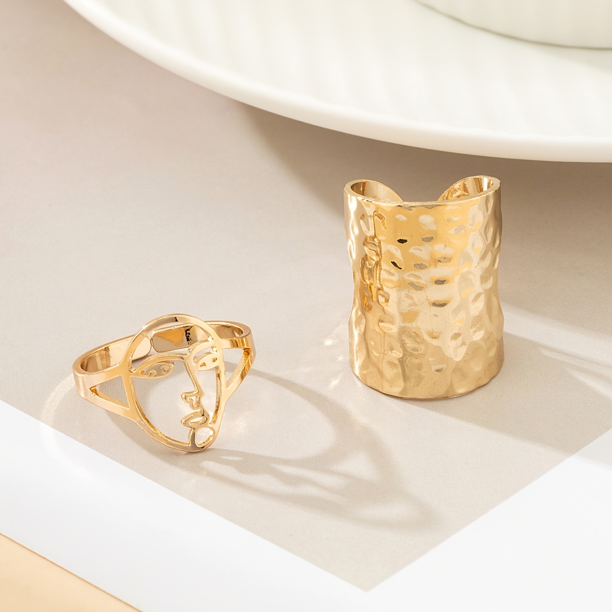 Adjustable Open Ring Set Abstract Face Cutout and Textured Folded Alloy No Stone