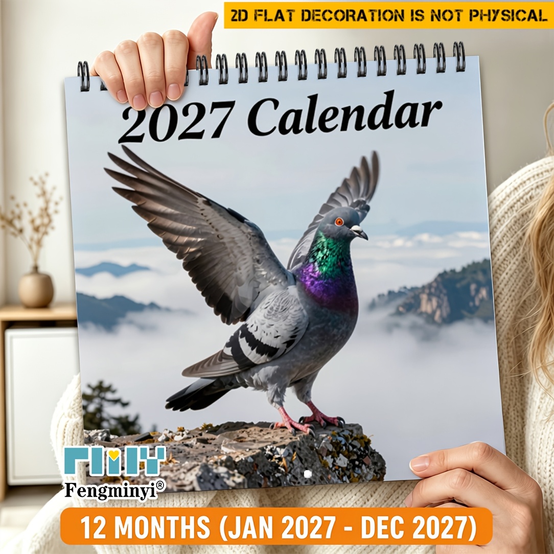 TEMU 2d Flat 1pc , Cute Pigeon Wall Calendar Planner For 2027, 12-month Large Grid Layout, Monthly Photos And Closure, Suitable For Home, Office,