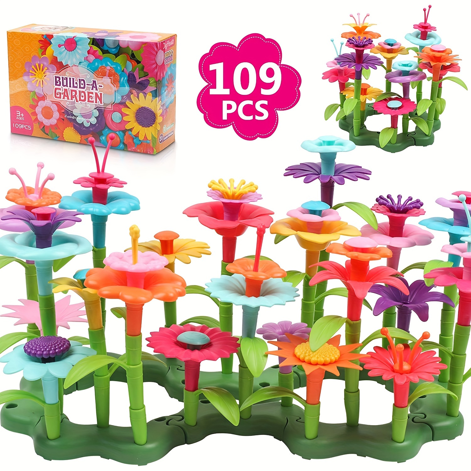 

109pcs Pretended Play Toy Set, Stacking Game, Flower Diy Creative Building Toys, Gift For Children 3+ Years Old Christmas Gift