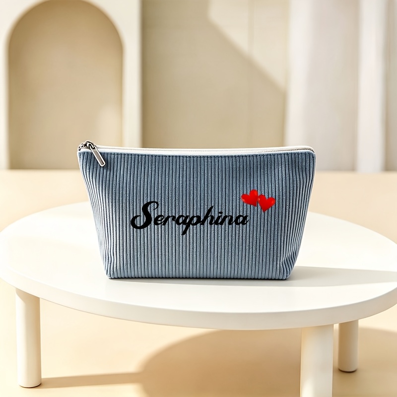 TEMU Customizable 1pc Wash Bag, Corduroy Women's Cosmetic Pouch With Base, Name Customization, 8 Colors , Multi-functional Large-capacity Zippered