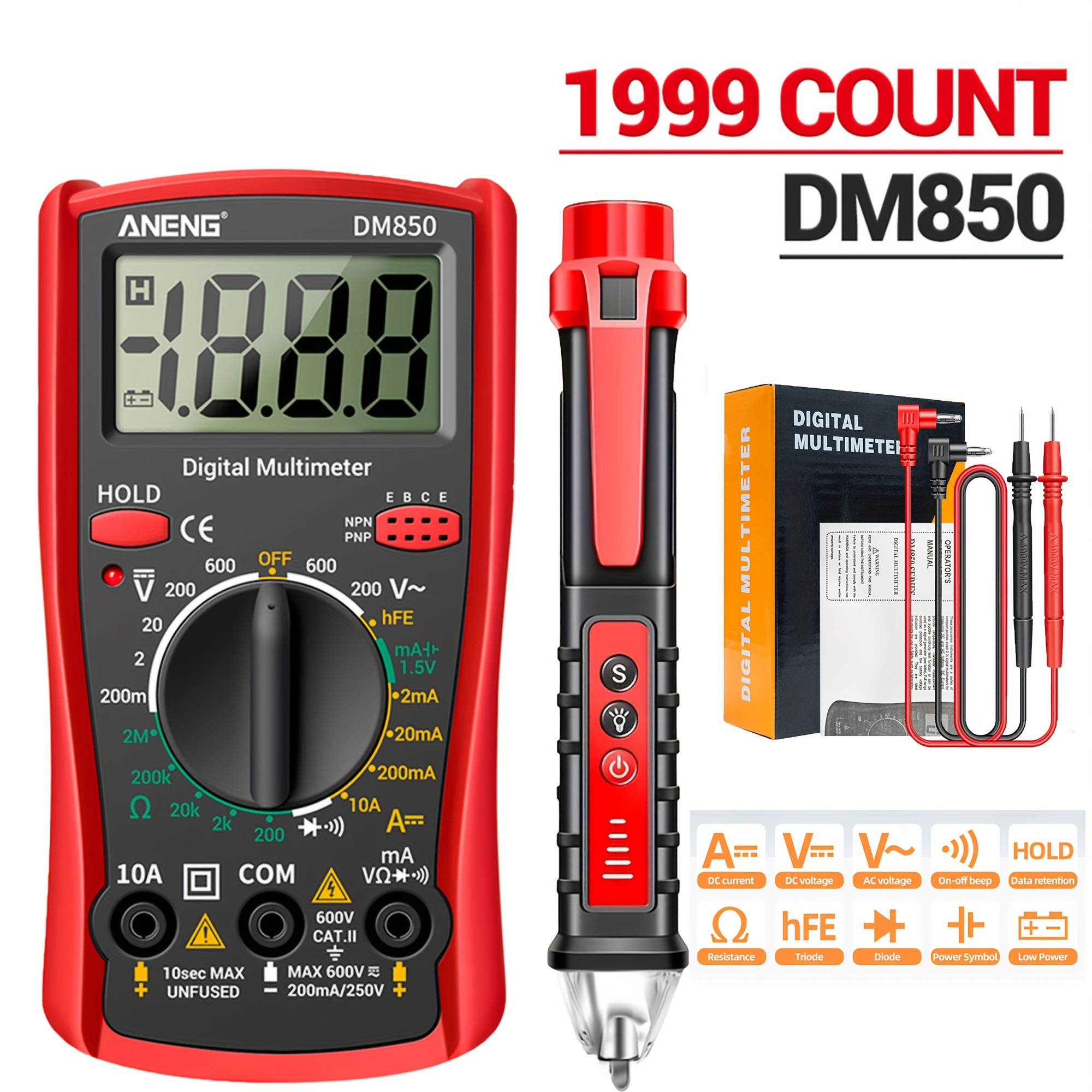 

Automatic Professional Digital Multimeter And A Testing Pen, 1999 Counts Auto Ac/dc Voltage Tester Ohm Current Ammeter Detector Tool