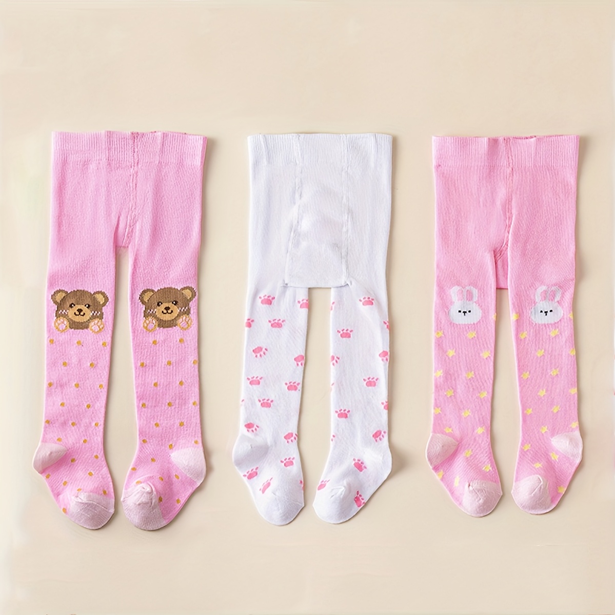 3 Paar Meisjes Schattige Beergezicht & Hartpatroon Panty's - Zachte Warme Winterleggings met Elastische Opening, Gezellijke Roze Cartoon Kousen voor Pasgeborenen/Baby’s/Peuters-Kinderkleding-Herfst- en WinteroutfitseizoenkleedselKoud WeerkostuumSpeels OntwerpComfortabele FitJong