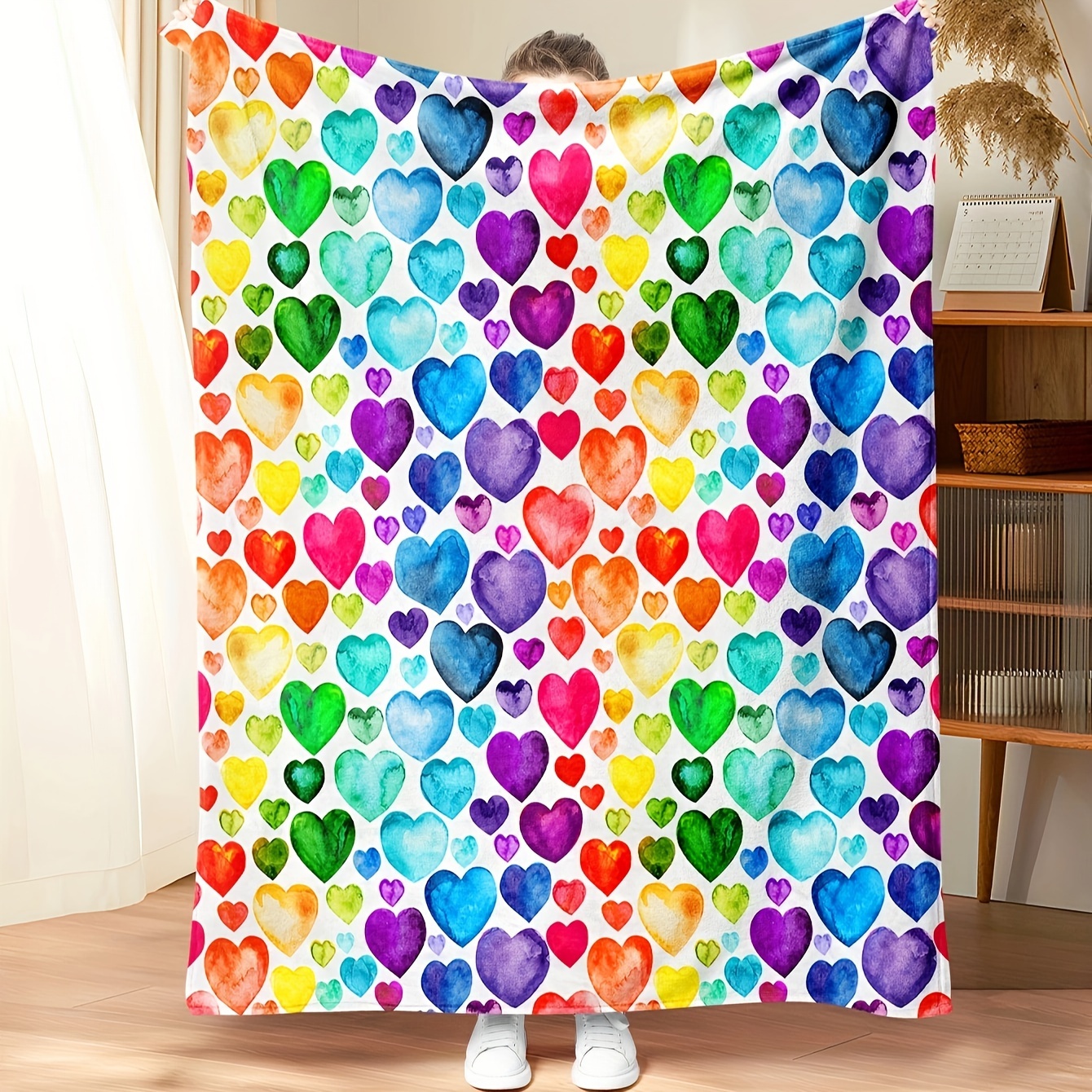 

Ultra-soft Flannel Throw Blanket With Colorful Heart Design - Versatile All-season Gift For Couch, Bed, Office, And Camping