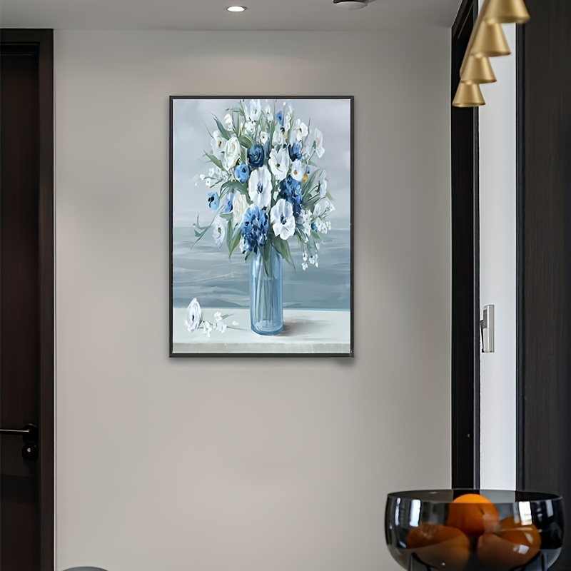 1pc wooden framed canvas poster modern art blue white flowers for bedroom living room corridor wall art wall decor winter decor room decoration