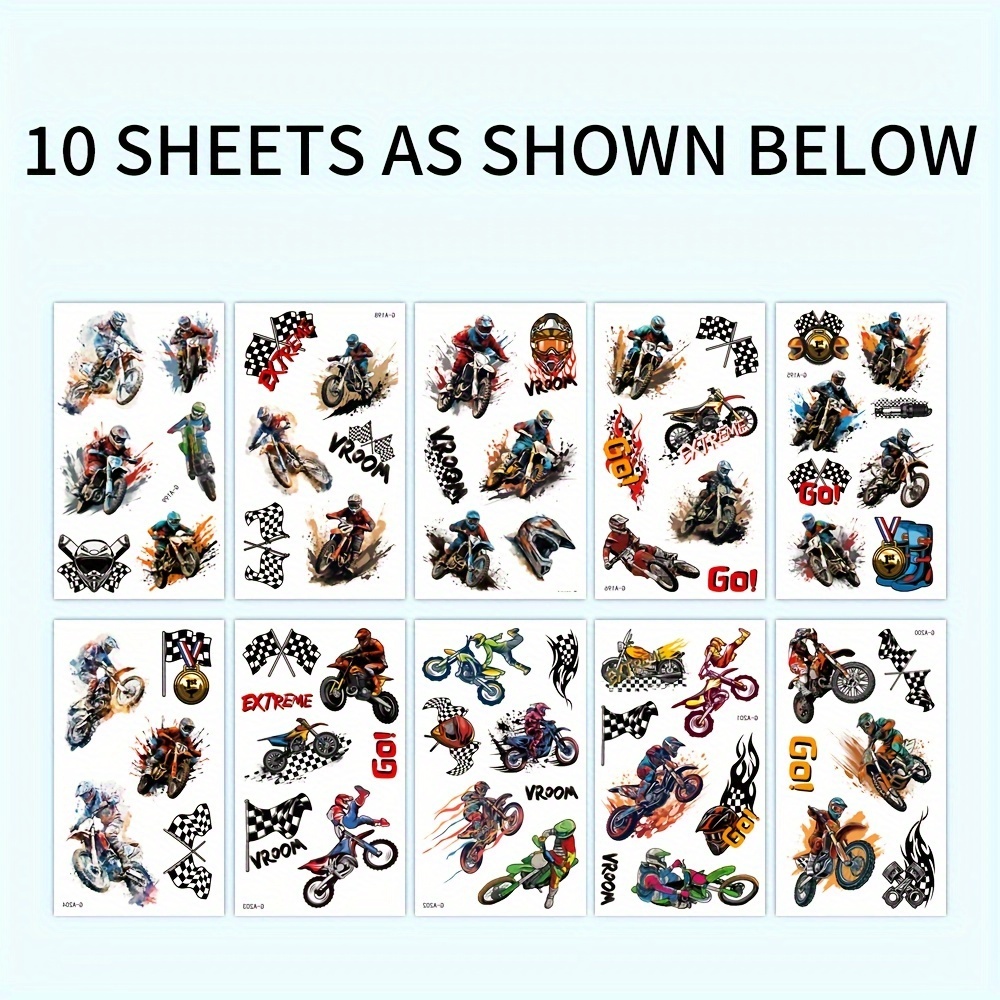Image of 10pcs Dirt Bike Temporary Tattoos - Birthday Party Decorations, Motorcycle Accessories, Biker-themed Stickers For Motorcycles