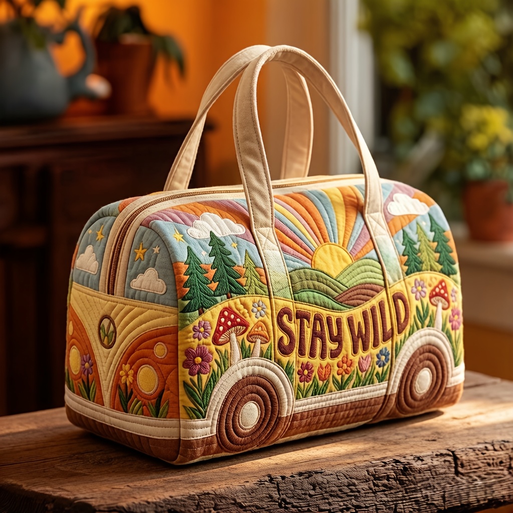 bohemian vintage bus print travel tote bag featuring full coverage natural scenery and   wild slogan vibrant with a     a large capacity tote style suitable for short trips gym workouts or as a garment storage bag