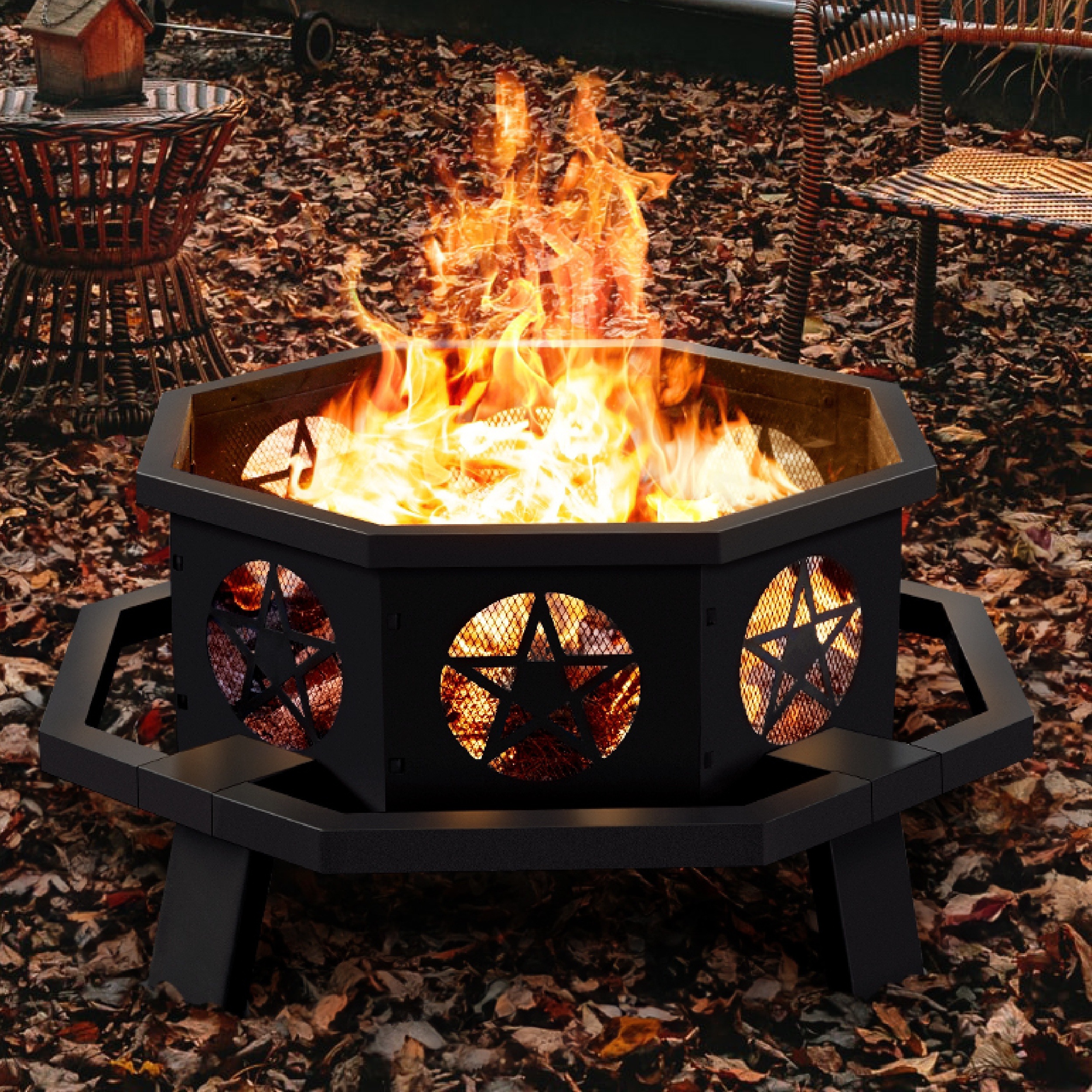 

43 Inch Fire Pit, Outdoor Fire Pits With Cooking Grill, Wood Burning Fire Pits For Outside, Octagonal Heavy Duty Steel Firepit With For Large Bonfire, Backyard, Camping, Patio, Picnic