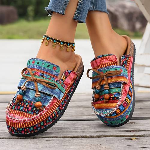 item picture womens casual versatile mules suitable for shopping and walking designed with loose and comfortable bohemian ethnic style decorated with bows and beaded embellishments with hand sewn toe wrapping technique