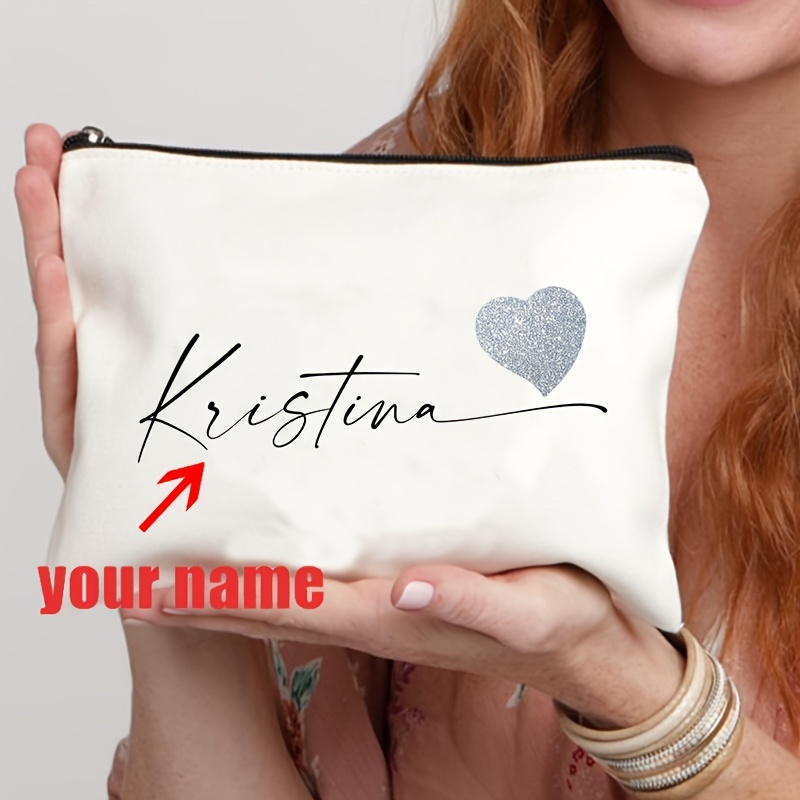 TEMU Personalized Fashion Polyester Makeup Bag With Heart & Custom Name - Machine Washable, Zipper Closure, Lightweight, Fade Resistant, Foldable