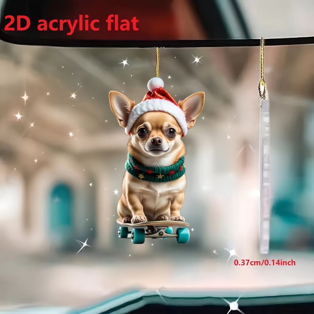 

Festive 2d Acrylic Keychain: Christmas Chihuahua Skateboarder - Perfect For Keys Or Car Mirrors