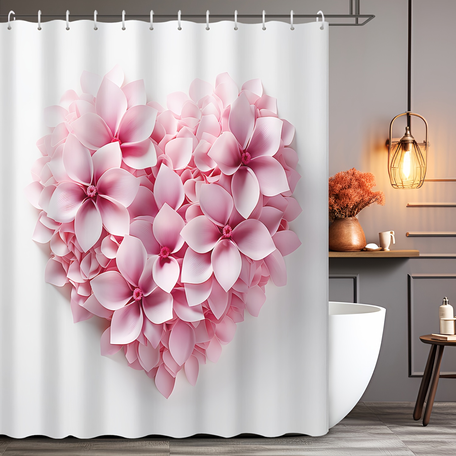 

1pc Pink Floral Heart Pattern Shower Curtain, Waterproof Decorative Bath Curtain, Anti-mold Bathroom Partition With Hooks, Home Bathroom Decor