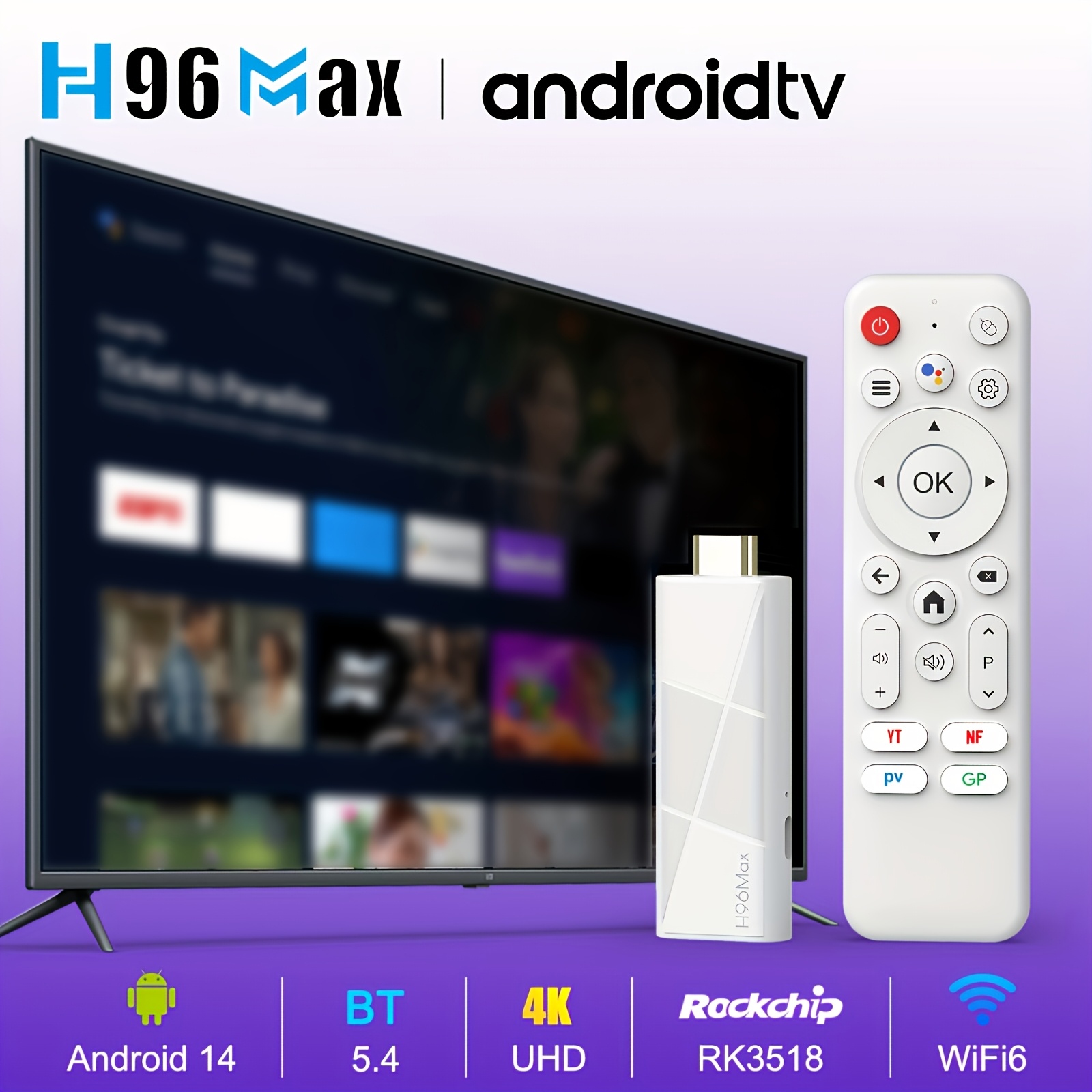 Dispositivo H96 Max RK3518 Android 14.0 TV Stick - Streaming 4K@60fps, WiFi 6/sin varillas 5.4, Control Remoto por Voz, Reproductor Multimedia con USB para Smart TV, HDTV, Dispositivo Compacto para Netflix, YouTube y Juegos - Compatible con TVs/Monitores/Proyectores, Entretenimiento en Casa, Diseño Moderno, Electrónica de Alto Rendimiento