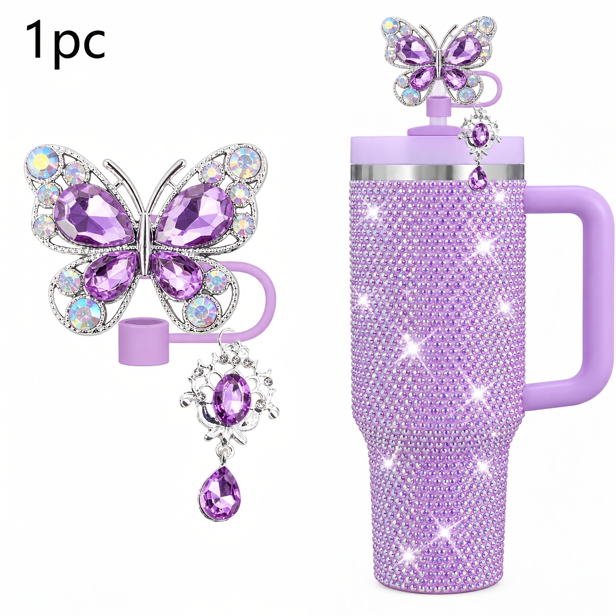 TEMU Décoration de paille papillon en strass étincelant, 1 couvercle de paille avec breloque, boucle en silicone avec pendentif de suspendu, convient