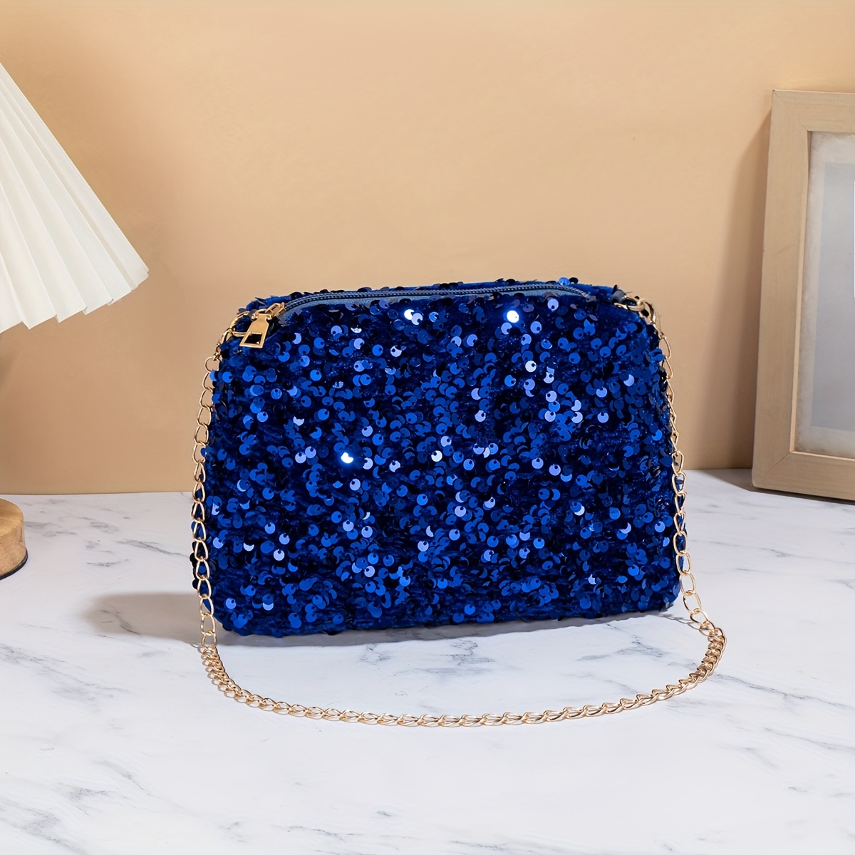 Image of Sparkling Sequin Western Baguette - Elegant Blue Small Square Crossbody With Detachable Strap, Large Capacity Handbag Suitable For Parties,, Everyday - European Style Bag