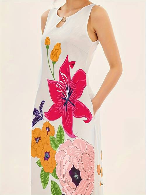 damens sommerkleid mit blumenmuster – ärmelloses a-linien-kleid mit , leichtes rundhals-partyoutfit für feiern & freizeit, nicht durchsichtiges material