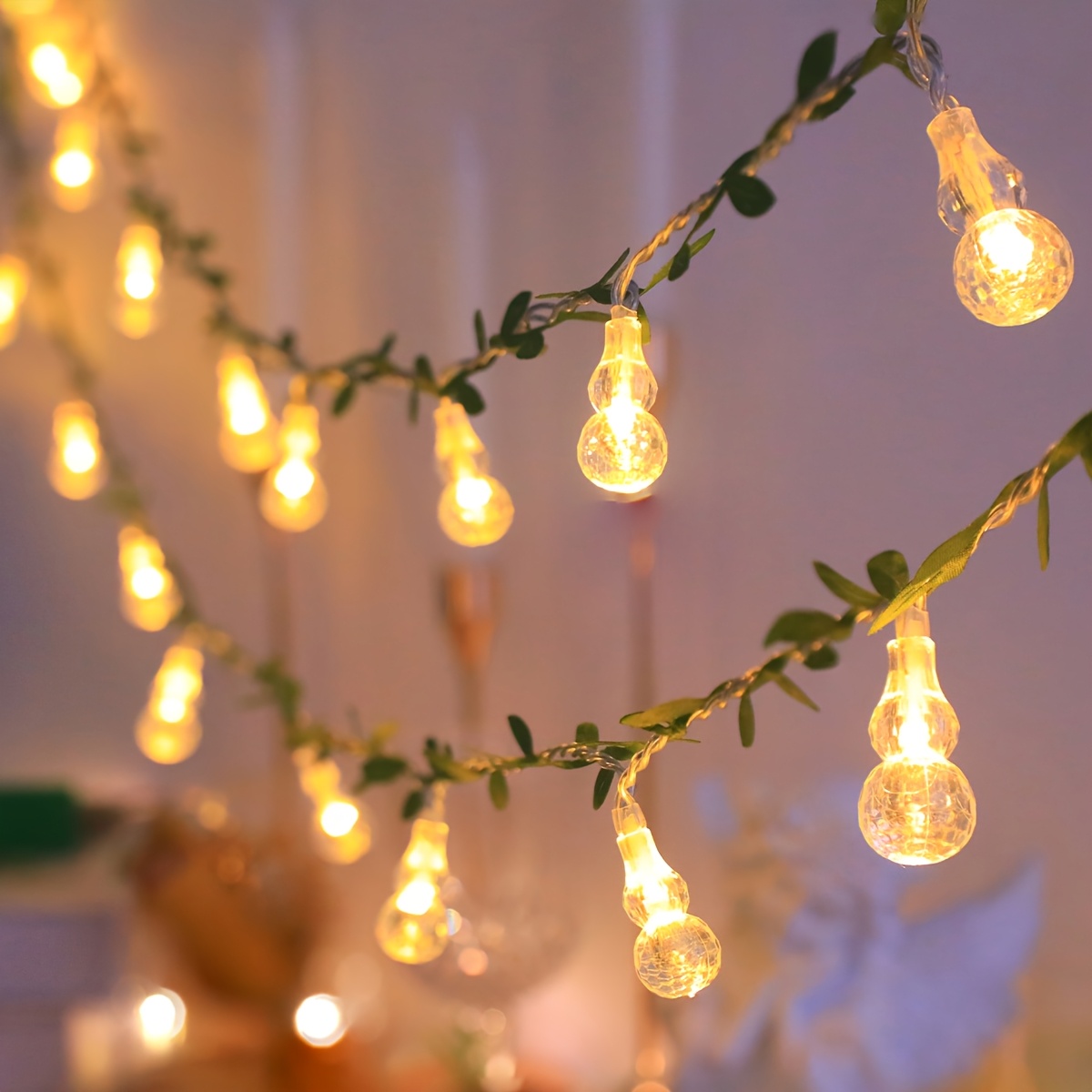 A String of Warm White/Colorful Fairy Lights with Green Leaf Vines And  Gourd-Shaped Designs * New Year, Spring, Christmas, And Halloween, Suitable  for Home, Wall, Living Room, And Bedroom Decoration - ..., image size:1200x1200
