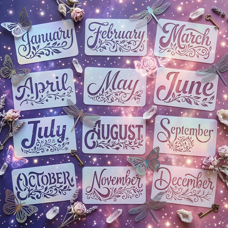 TEMU 12pcs Set Of Pattern Templates For The Months Of 1-12, Reusable, Calligraphy Letter Calendar Flower Vine Silhouette Painting Templates, Suitable