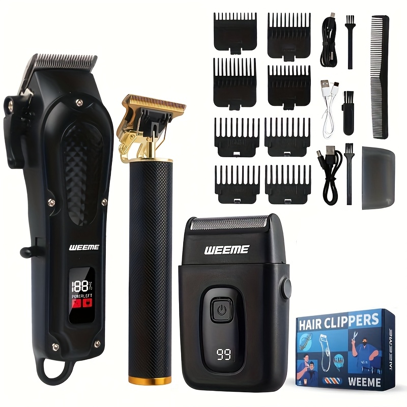 TEMU [weeme 4pcs/3pcs/ 2pcs/1pc Set Men's Professional Black Hair Clipper & Trimmer Set]one-stop Solution For ! Usb Charging Is Super Convenient, Lcd Battery Level Is Accurately Controlled, Trend Is