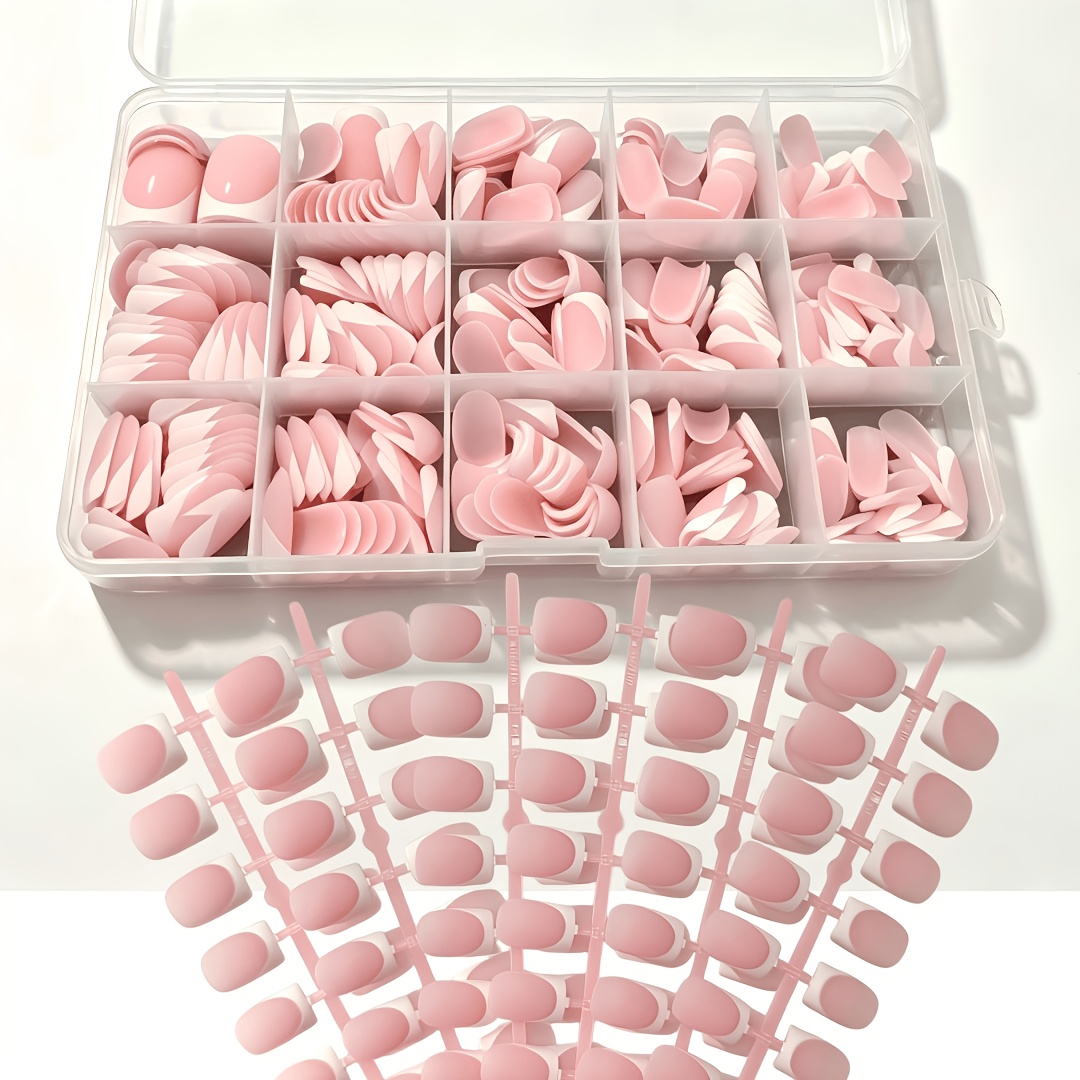 TEMU 303 pezzi 300 Unghie a Pressione + 1 Scatola di Conservazione + 2 Kit di Attrezzi, Unghie a Pressione Quadrate Corte, Design Stile Francese Rosa