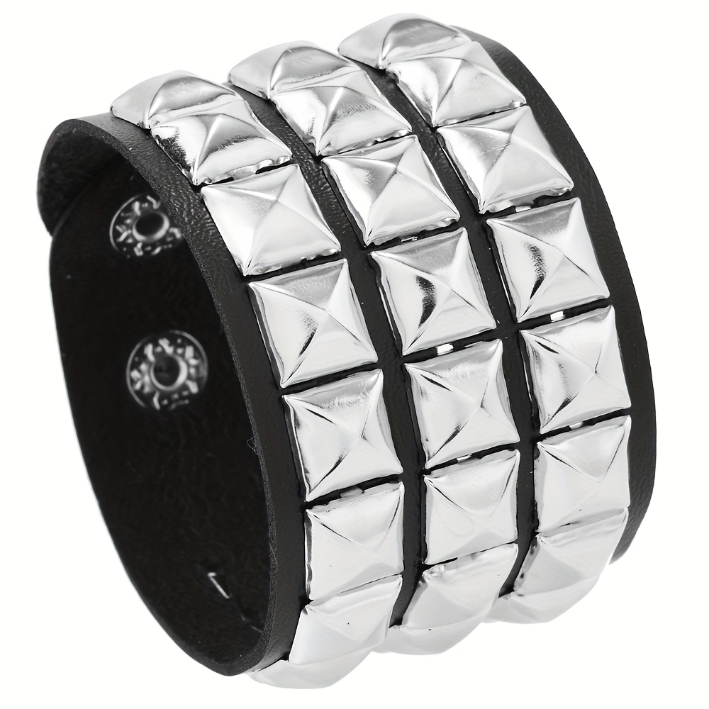 Image of 1pc Hip Hop Punk Style Men's Faux Leather Bracelet With 3 Of Rivets Motorcycle Rider Wristband For Parties And Performances