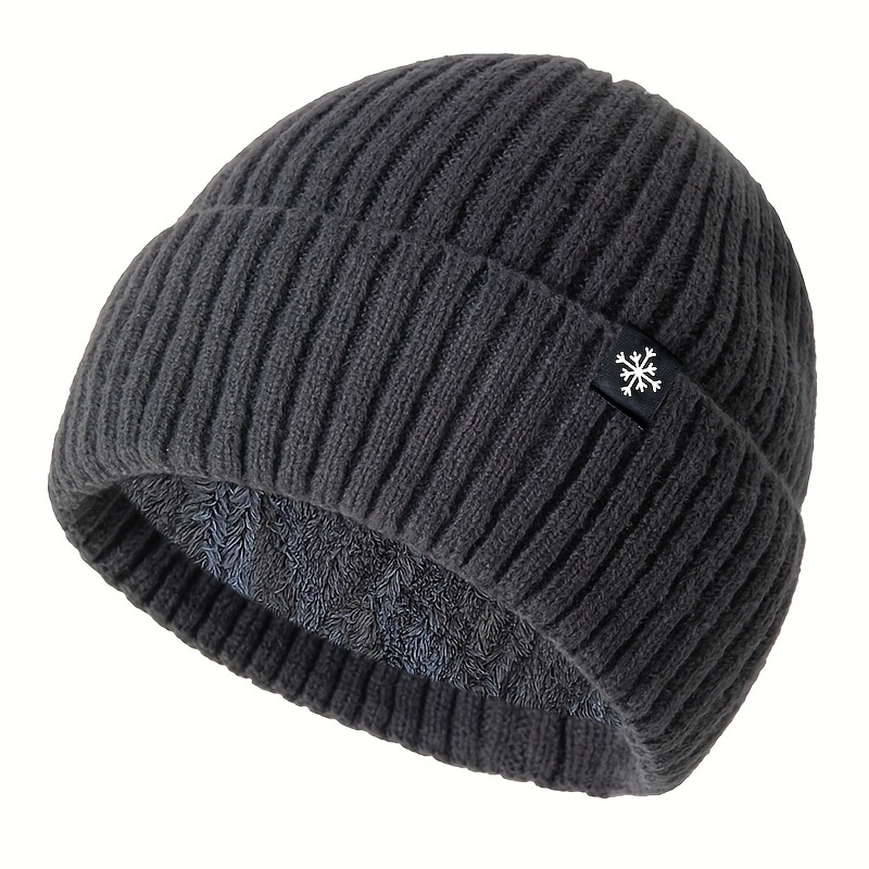 TEMU Fleece-lined Thick Knit Beanie - Snowflake Label, Skull   For Men And Women, Autumn & Winter Outdoor Activities