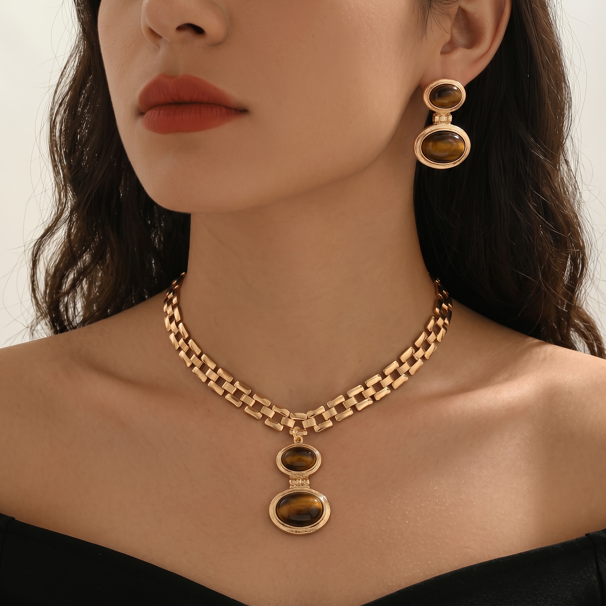 TEMU Ensemble de 2 pour femme avec chaîne épaisse et épissure à large boucle carrée, collier à double couche avec pendentif à double couche et ovale,