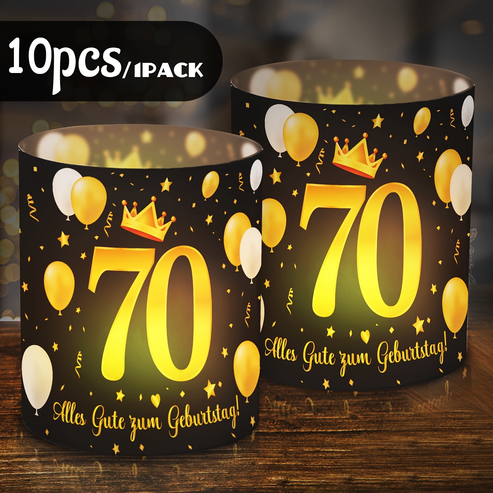 Image of 10pcs Black Element Table Decoration Lampshade Set 70 Birthday Party Essential | Is Printed With The Words "alles Gute Zum Geburttag!" Happy Birthday, Suitable For Tea Lamps Or Candle Holders