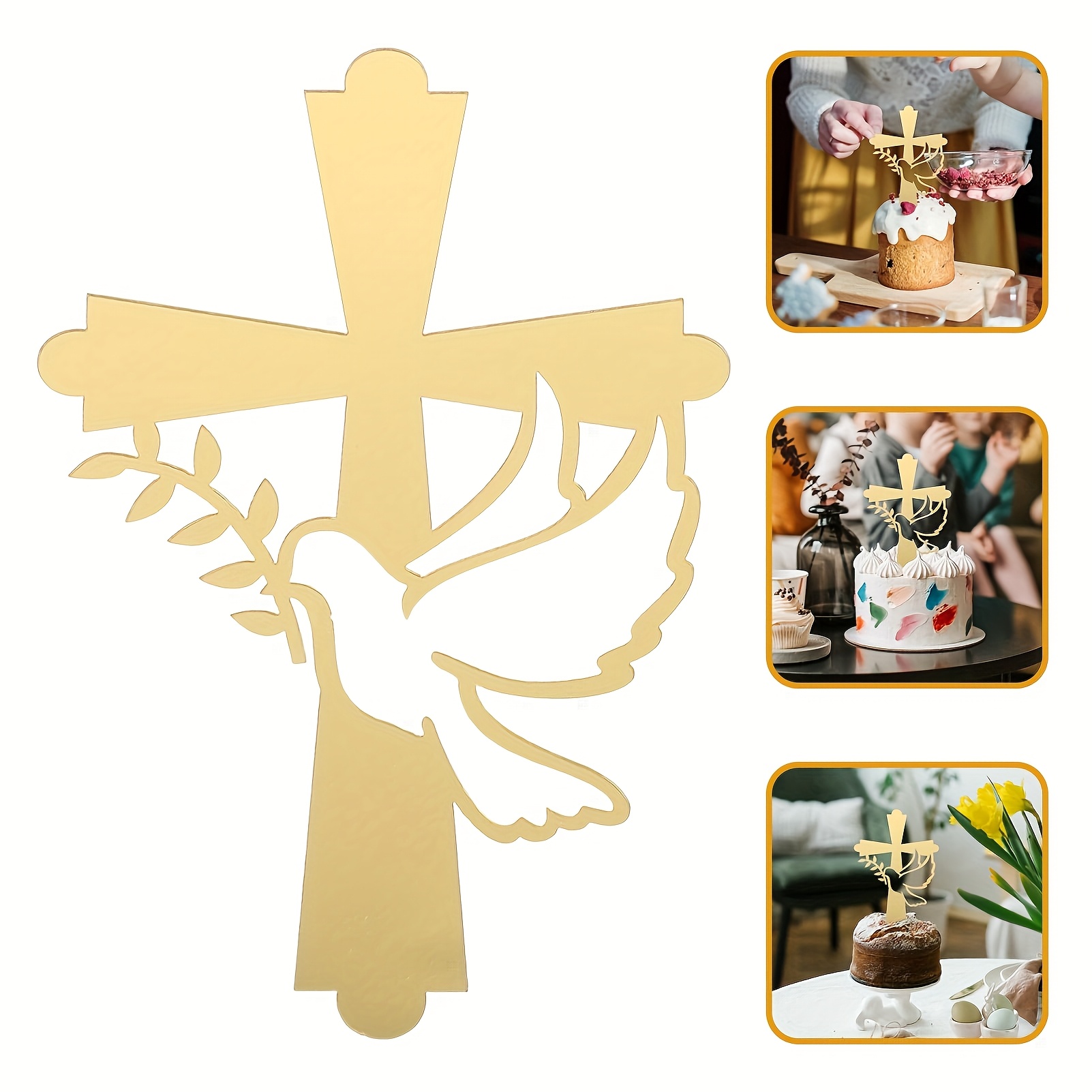 Image of 1pc Cross Cake Topper, Golden Acrylic Material, For Baptism, Christening, Communion Cake Decoration, Dessert Table Decor, Cake Decorating Supplies, Baking Decorations, Party Decorations
