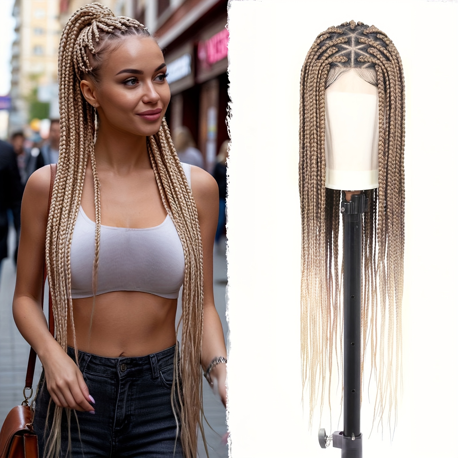 TEMU Synthetische volledige kant knooploze driehoekige gevlochten pruiken voor dames, box braid pruik, lange rechte pruik, premium lange gevlochten