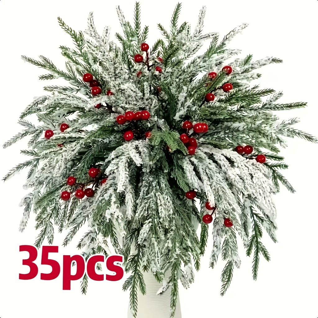 TEMU 35 piezas de follaje de pino de Norfolk artificial realista con y de copo de nieve - 35 cm de largo, plástico duradero para decoración de árbol
