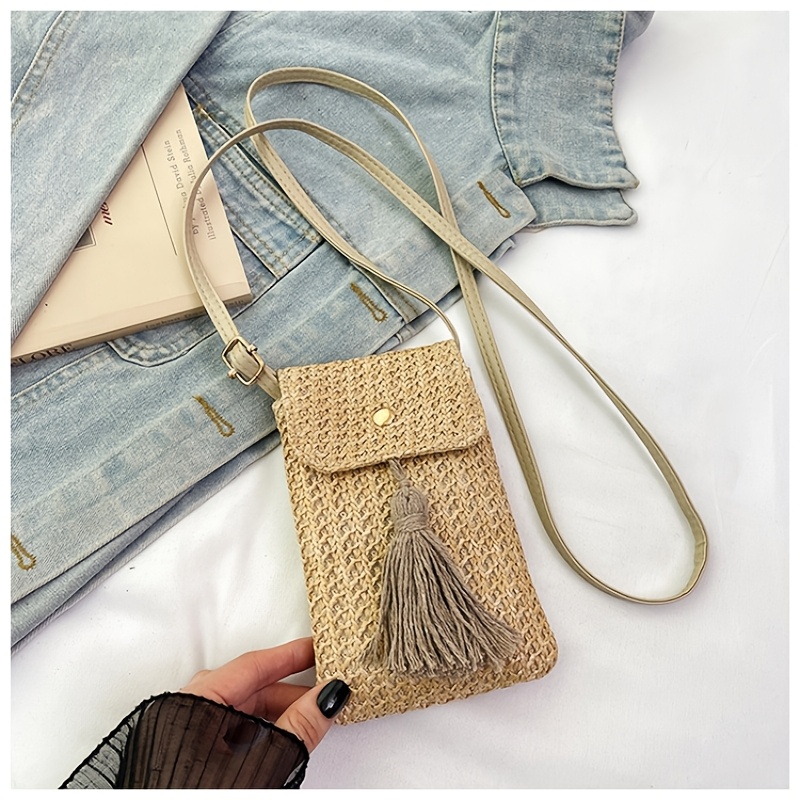 TEMU Summer New Trending Fringe Crossbody Bag Beach Straw Bag Woven Mini Phone Bag Fashionable Trendy Bag Small Additions Organizer Bag