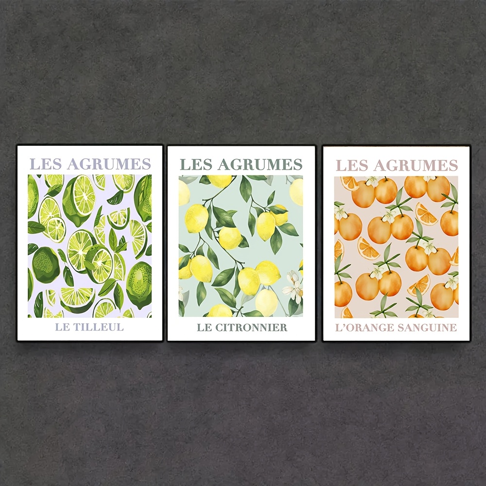 TEMU Set Of 3 French Fruit Art Prints Poster, Fruit Wall Art, Print, Kitchen Wall Art, Lemons Art, , Home Decor, Unframed