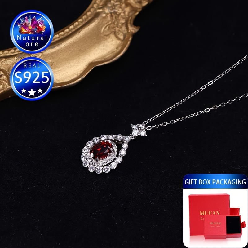 

Elegant Vintage S925 Silver Red Garnet Mosaic Pendant Necklace, Water Drop Shape, Natural , Color Depth , Pattern Random, 1.8g, For Birthstone, , Gift