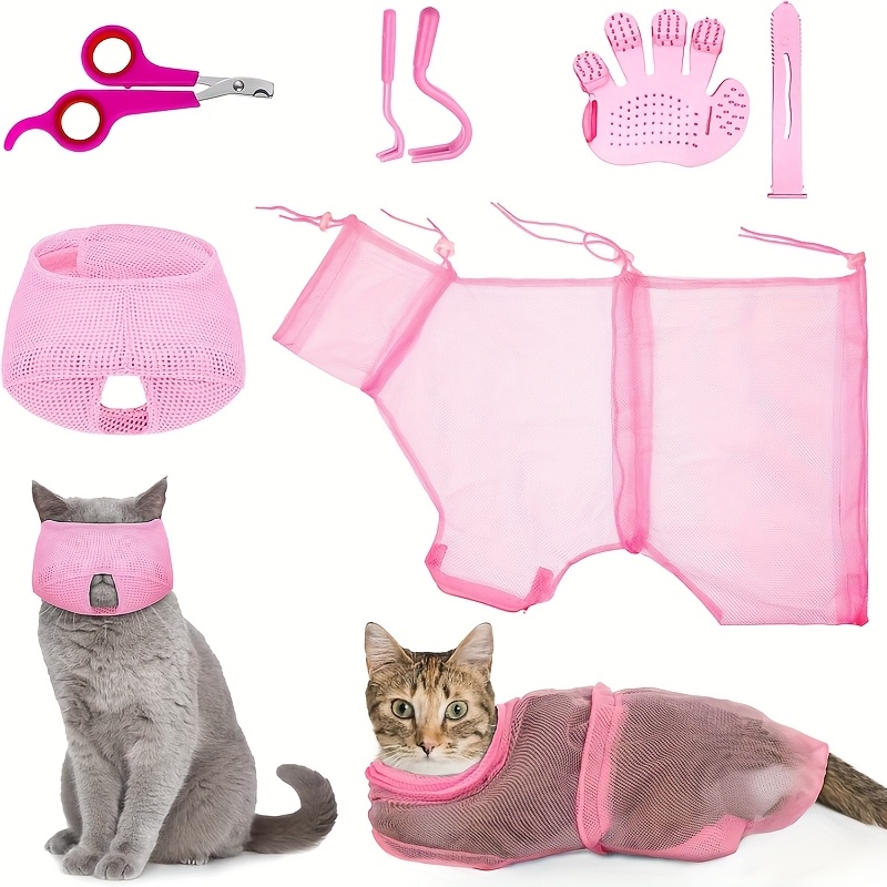 TEMU 5pcs Cat Bathing Bag Set Cat Grooming Bag Adjustable Pet Shower Net Muzzles Nail Clipper Tick Remover Tool Massage Brush (pink), Without Battery