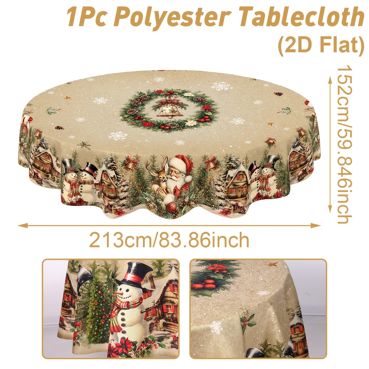 TEMU Plano 2D, 1 pieza, mantel de Navidad, corona de Navidad, patrones de Papá Noel y , cubierta de mesa redonda y rectangular, decoración de mesa