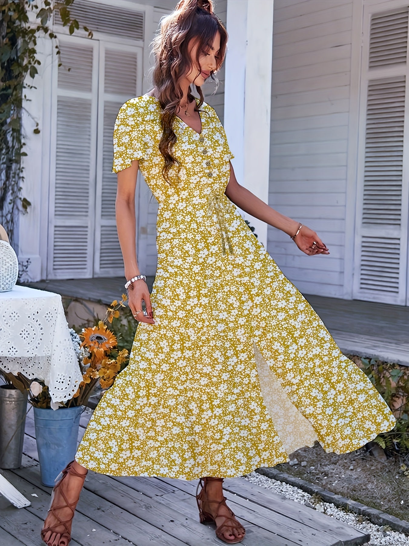 elastic high waisted split button dress summer daily Temu Germany