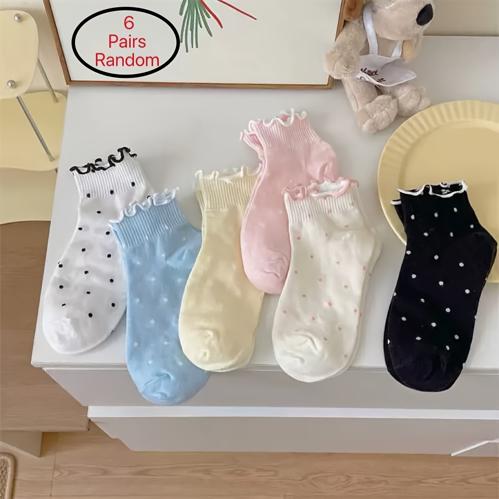 TEMU 6 Pairs Of Black Fungus Edge Random Style Polka Dot Socks For Spring And Summer, Boneless Small Tube Japanese Cute Lace Korean Ins Trendy Summer