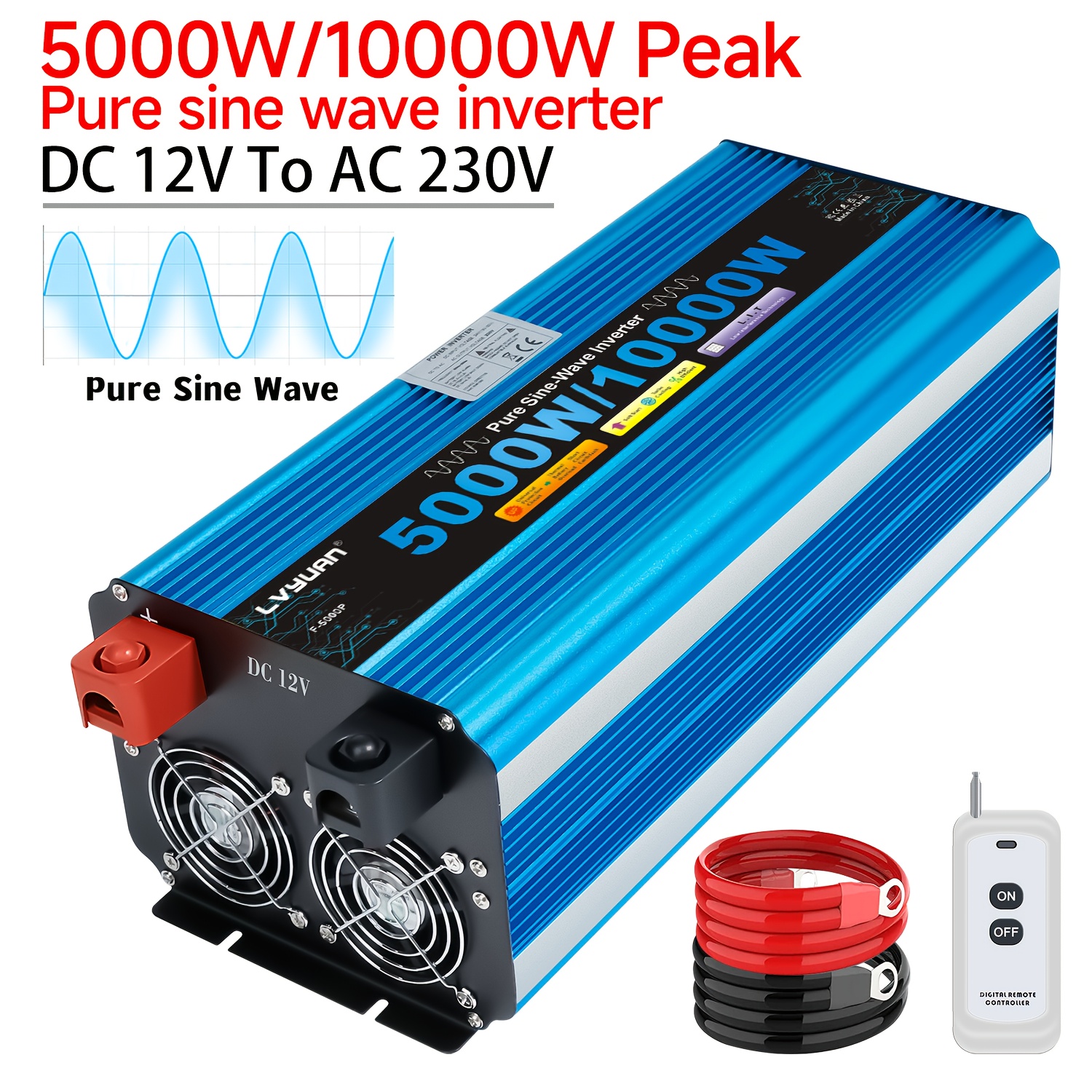 Lvyuan 5000w/10000w Inverter 12v 230v Pure Sine Converter With Wireless Remote Control And Lcd Cable Remote Control For Motorhomes, Trucks, Boats, Camping, Emergency Power Supply