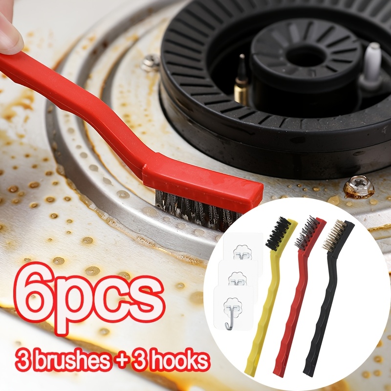 TEMU 6pcs Multifunctional Cleaning Brush Set | 3pcs Different Material Brushes And 3pcs Hooks. Multifunctional Kitchen Cleaning Brush And Gas Stove