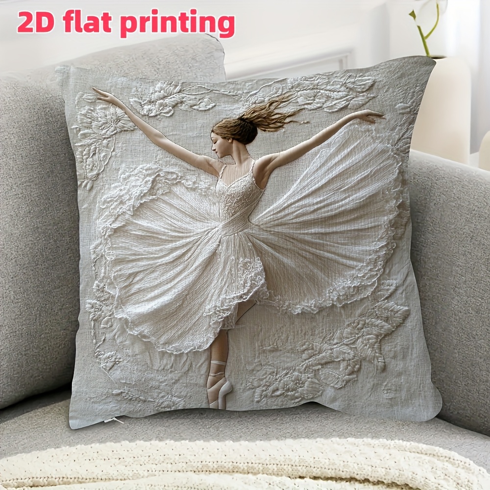 TEMU 2d Flat - A 2d Flat Print Featuring An Elegant Ballet Dancer Design. This Non-realistic Embroidery Is A Soft 18x18 Inch Polyester Pillow Cover