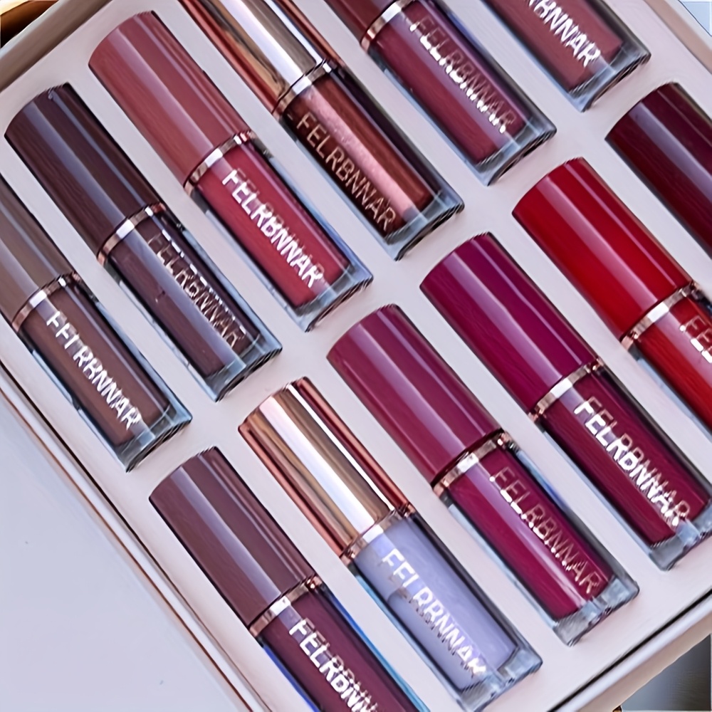 12pcs Velvet Matte Liquid Lipstick Set, Waterproof Long Lasting Quick-drying Non-Stick Cup Nude Lip Stain Kit, Up to 24H Wear, Lip Makeup Gift Kit for Women