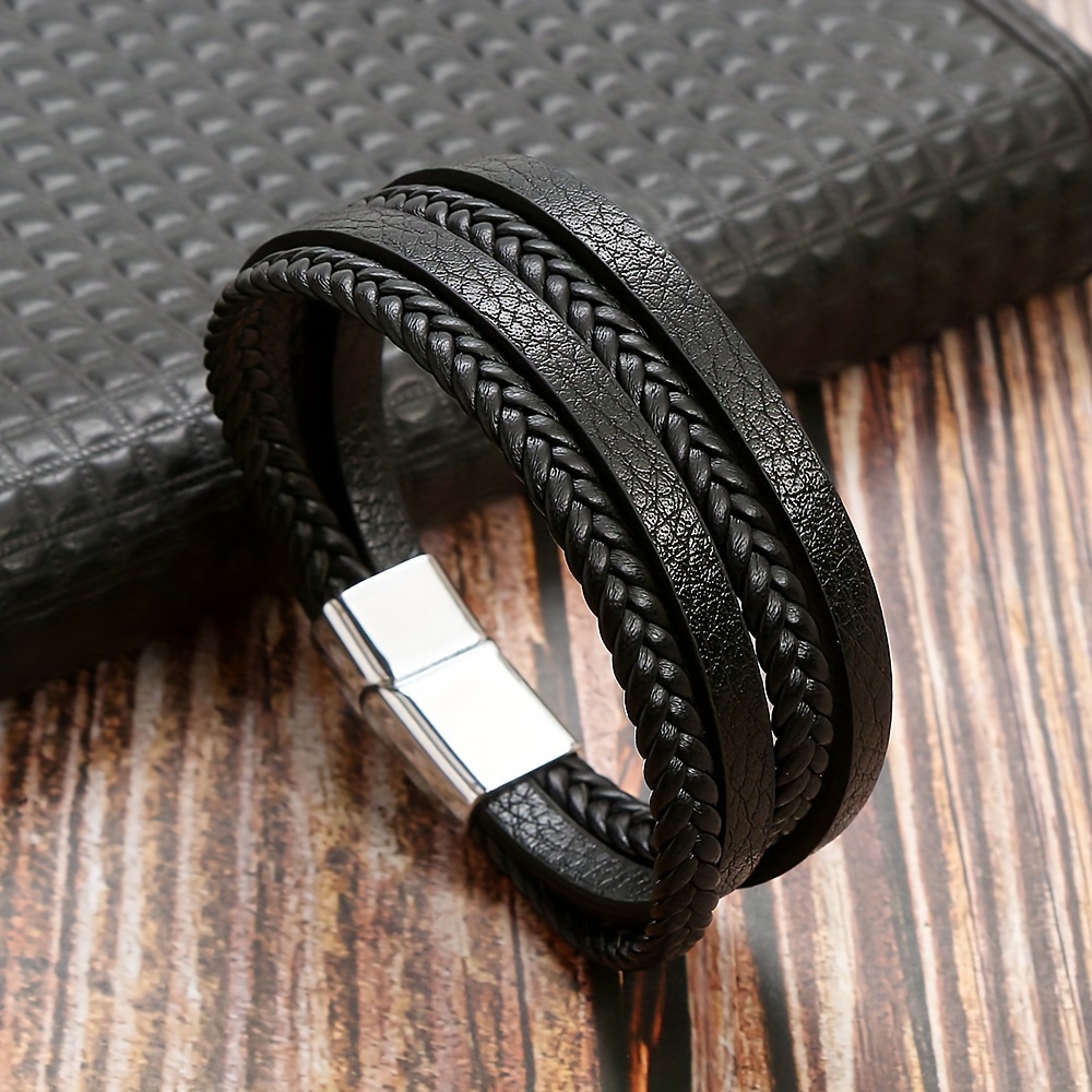 1pc Men's Handmade Woven Faux Leather Magnetic Bracelet