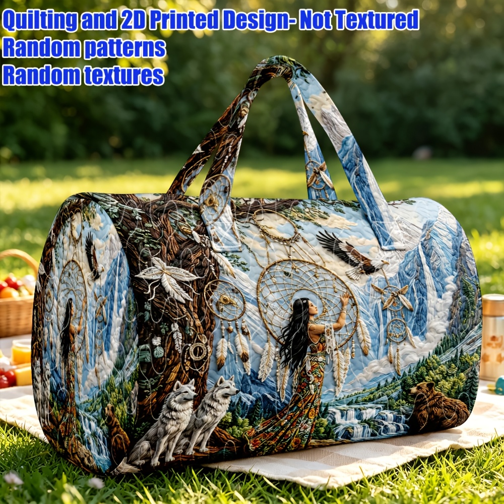 TEMU 1pc 2d Printed Women's Handbag With Dreamcatcher, Nature Scenery & Animal (wolf, Bear, Eagle) Bohemian Style Large-capacity Travel Handbag,