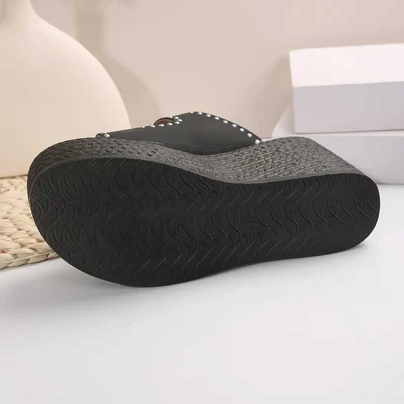 womens double buckle bands sandals platform studded slip on walking shoes vacation shoes details 6