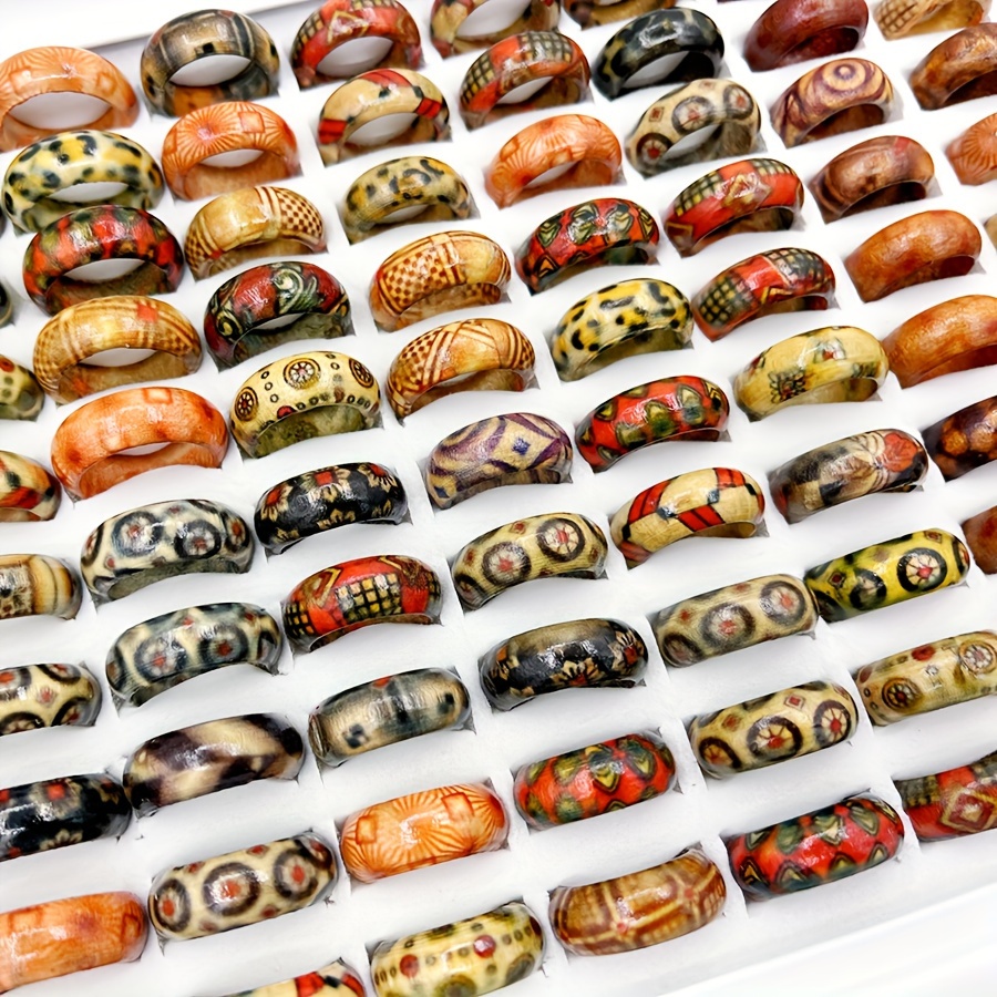 

10pcs/pack, Retro Totem Pattern, Ethnic Style, Wooden Neutral Ring, Fashionable Mixed Style, Multi-piece Set, Finger Accessories For At Parties, Jewelry, Random Shipment, Opp Bag Packaging