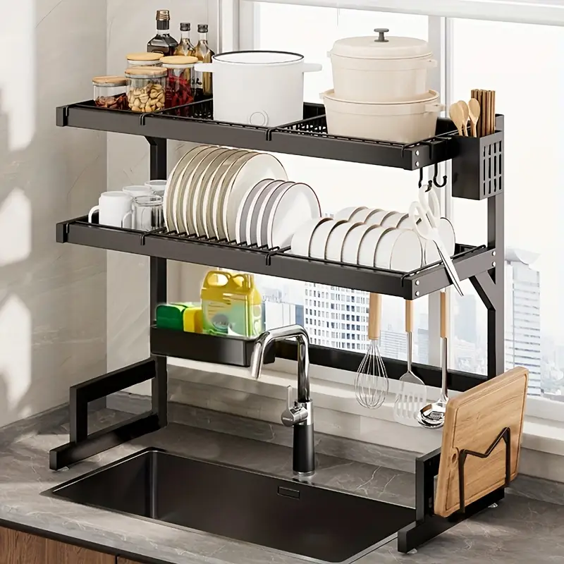 1 layer 2 layer adjustable countertop dish drying rack removable multi functional kitchen organizer with chopstick holder sponge cutting board storage space saving design for sink area dish drying rack for kitchen counter utensil holder Product details 0