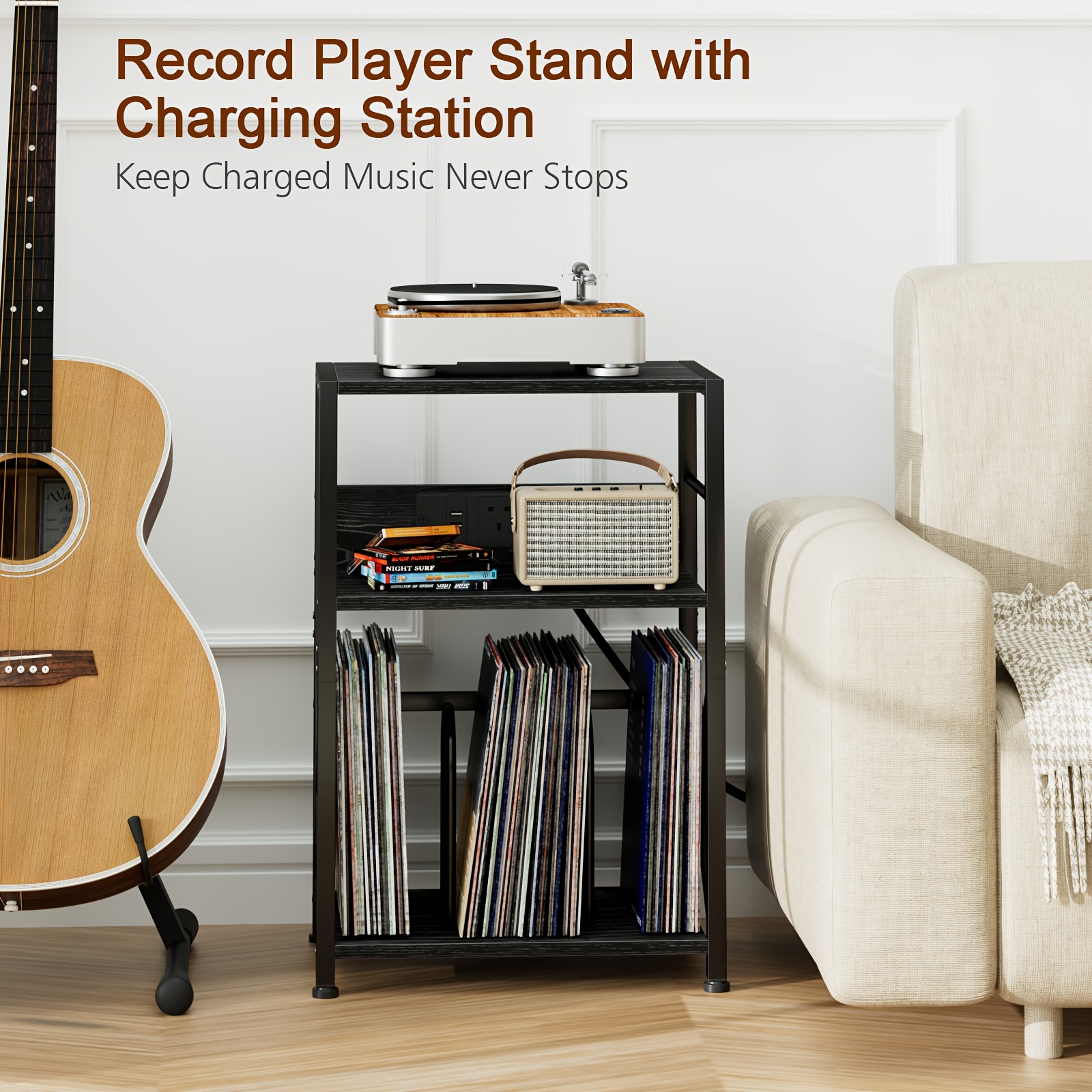 Wooden Record Player Stand with Socket, 3 Layers for 200 Albums